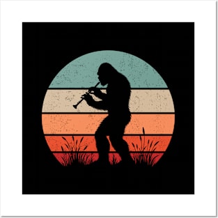 Bigfoot Sasquatch Playing The Recorder Vintage Sunset Music Lover Posters and Art